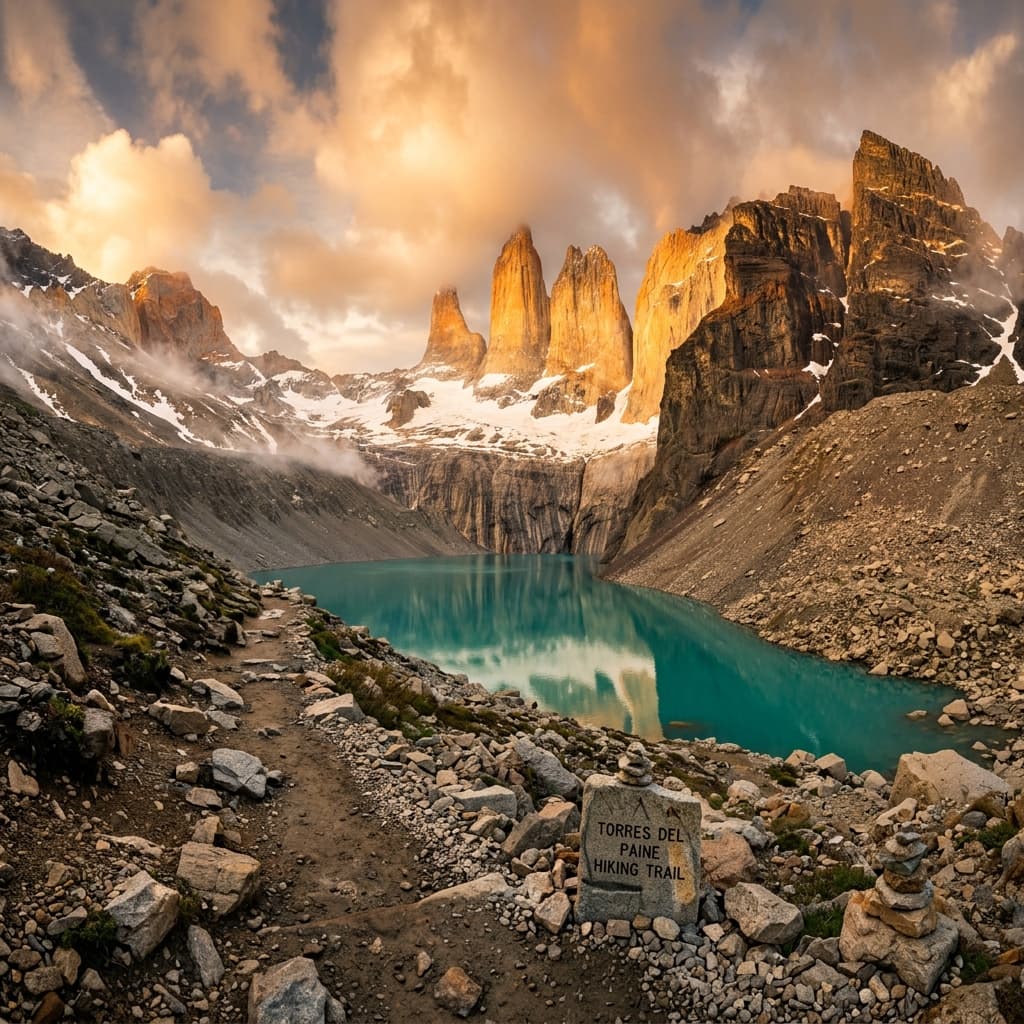 Stunning panorama of the Torres del Paine granite towers in the Patagonian Andes